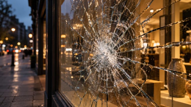 Gesprungene Schaufensterscheibe, deren Splitter von einer Sicherheitsfolie zusammengehalten werden