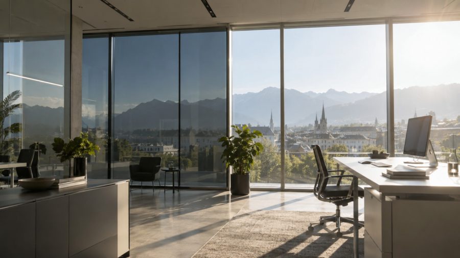 Bürofenster mit Sonnenschutzfolie: links gedämpftes Licht mit Folie, rechts grelle Sonne ohne Folie