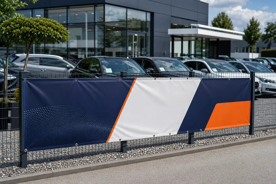 Autohaus & Verkaufsplatz mit individuell bedrucktem Werbebanner
