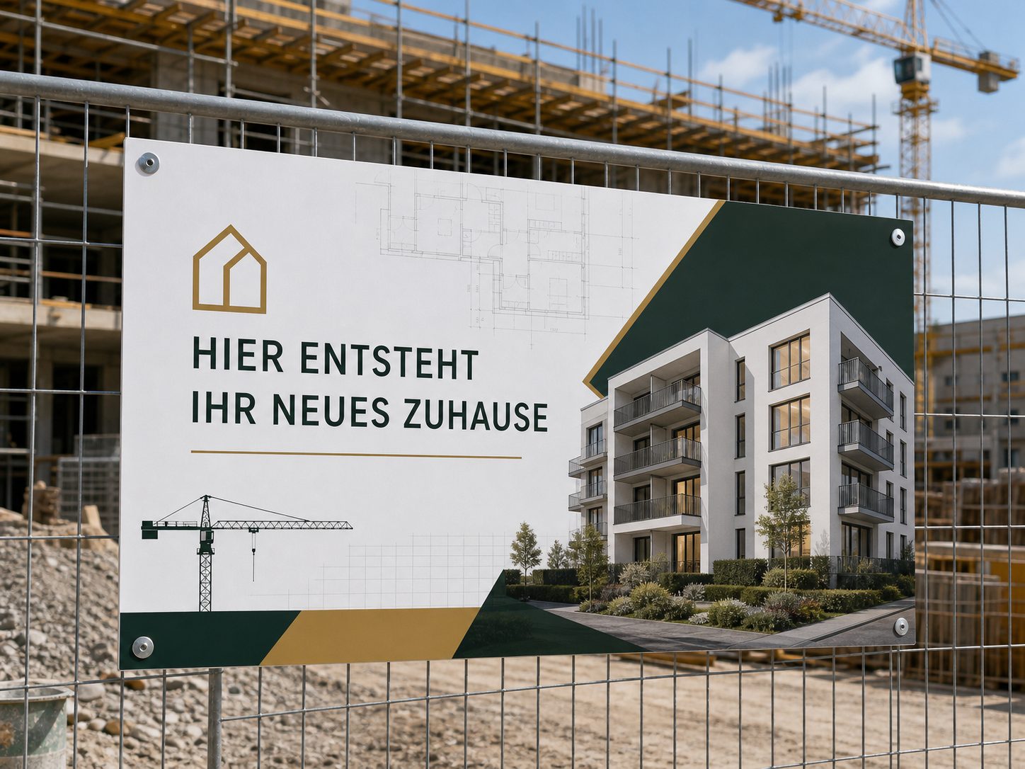 Bedruckte Bautafel 100x60 cm montiert an Bauzaun vor Rohbau-Baustelle in Österreich