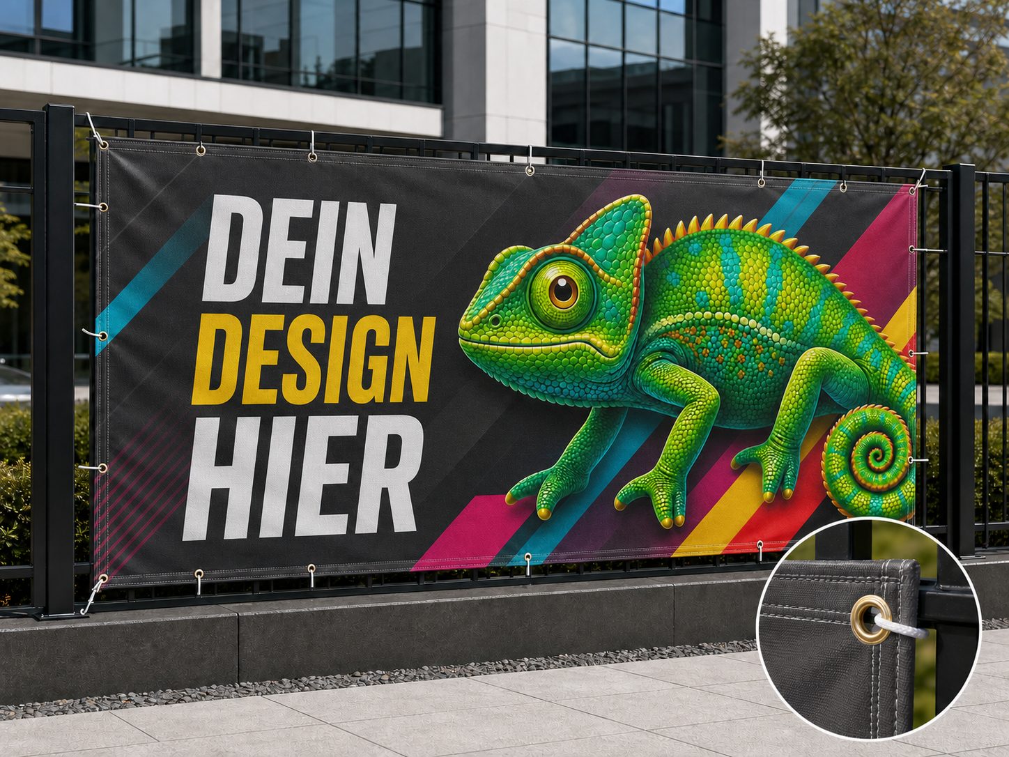 Fahnenbanner nach Maß drucken lassen – PVC-Banner mit Ösen an Metallzaun, AbdeX Österreich