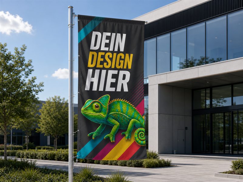 Hissfahne bedruckt an Fahnenmast vor Firmengebäude – Werbefahne nach Maß von AbdeX