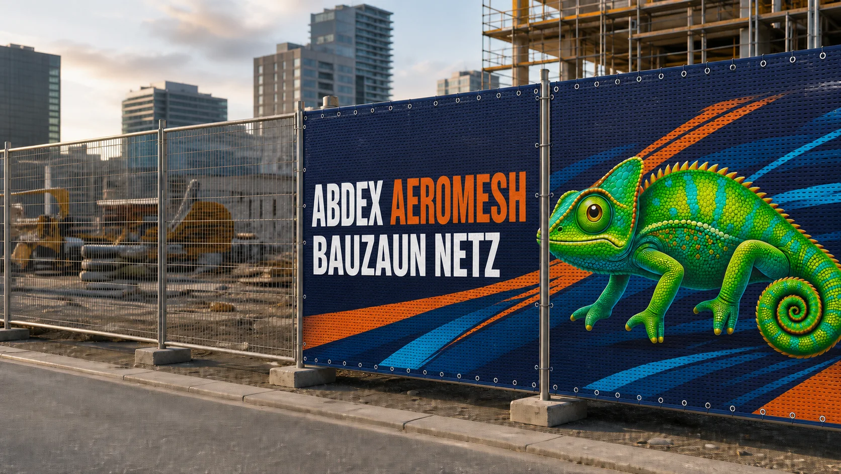 Bauzaun vorher ohne Werbung und nachher mit ABDEX AEROMESH