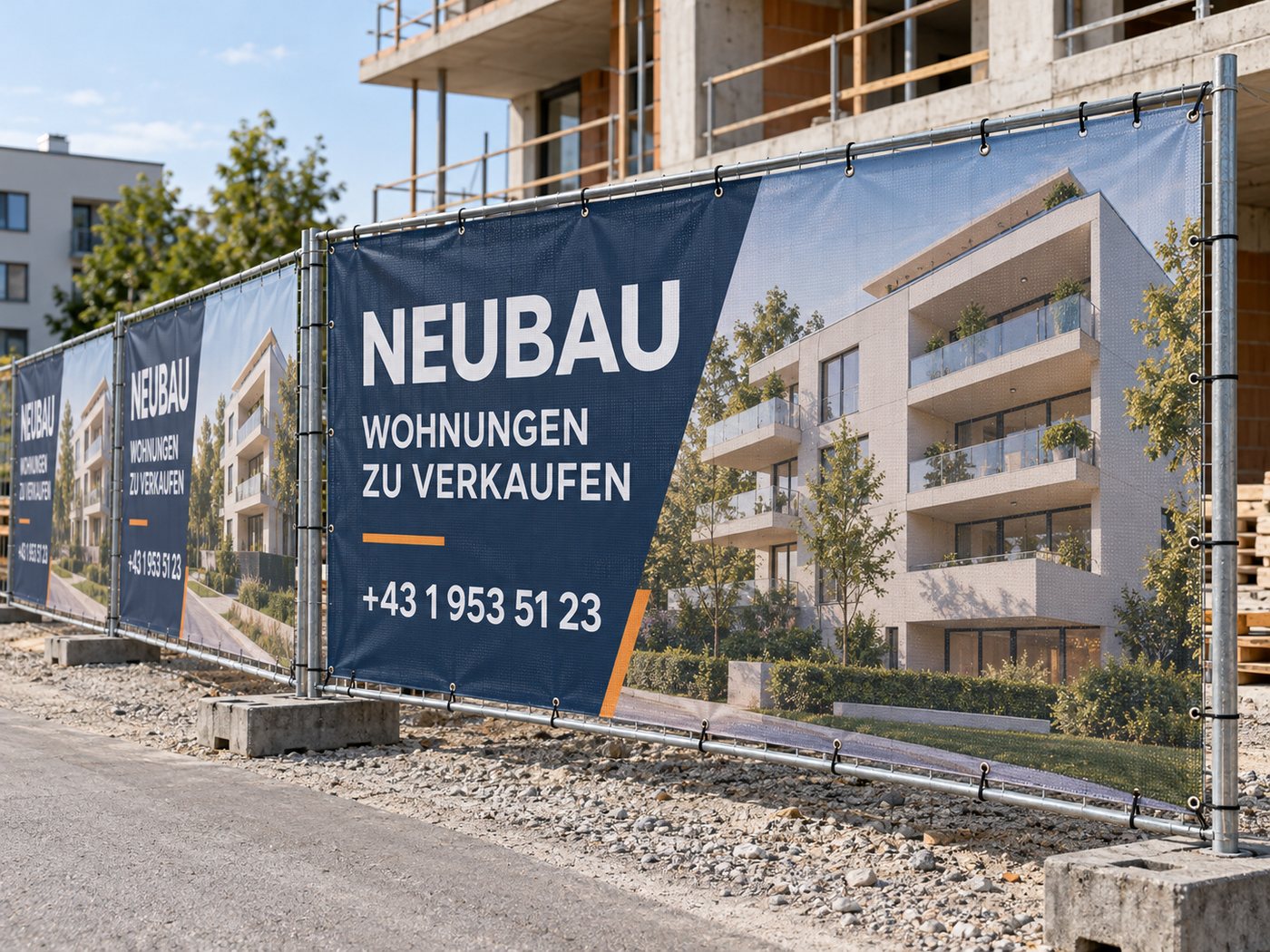 Bauzaun-Werbung für Neubauprojekte in Salzburg – AbdeX